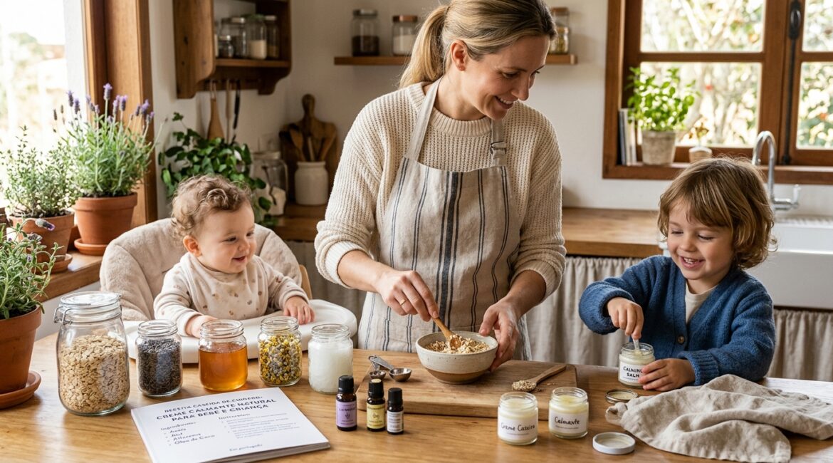 Mamãe fazendo receita caseira com crianças